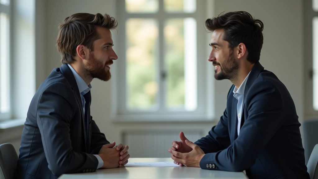 Dois profissionais em conversação mediada, transformando desacordo em colaboração e solução