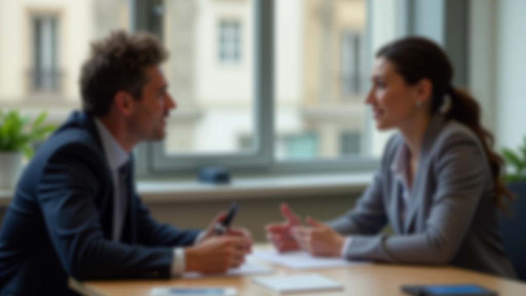 Dois profissionais em conversação cara-a-cara num escritório, demonstrando escuta ativa e comunicação clara