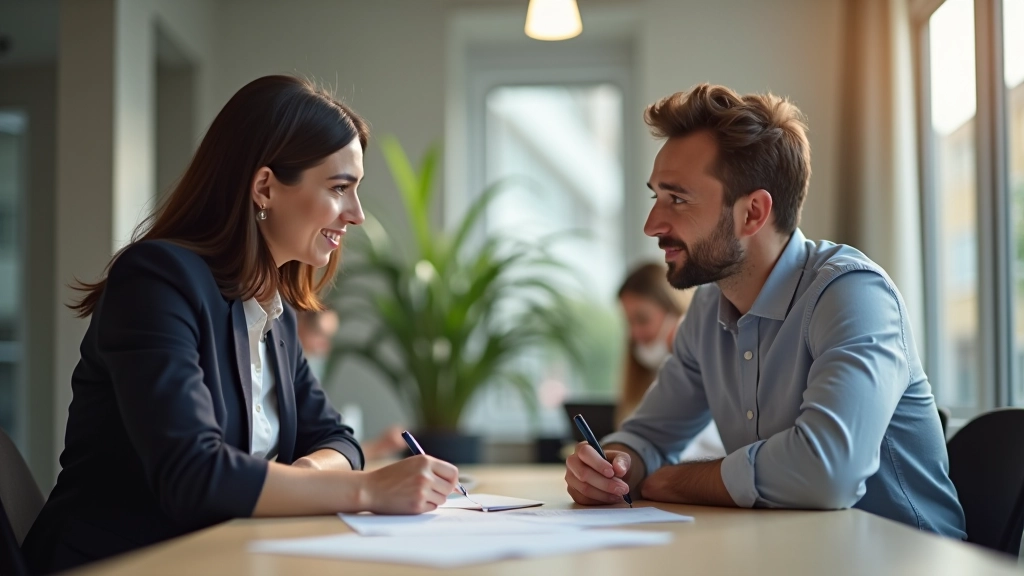 Dois profissionais em conversa construtiva, escritório moderno com luz natural