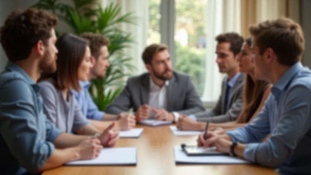 Equipa colaborativa ao redor de uma mesa, discutindo ideias e tomando notas em ambiente de trabalho positivo