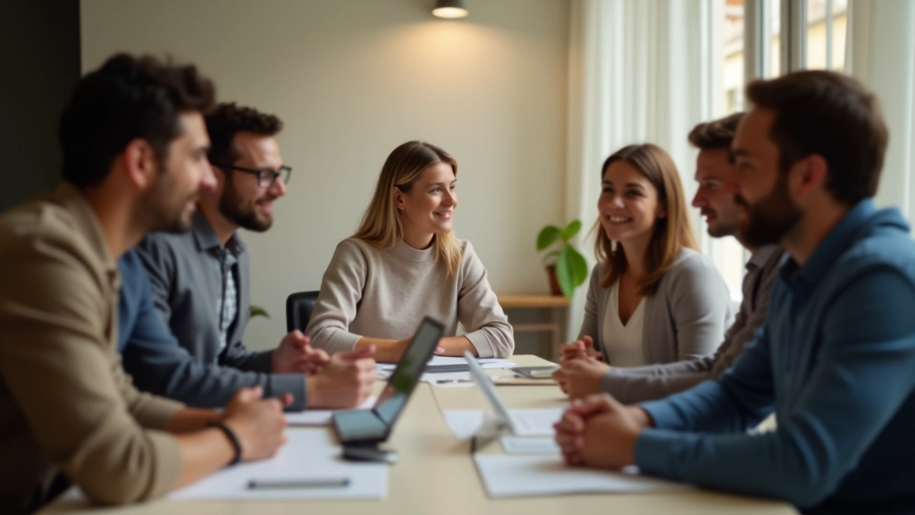 Equipa diversa em reunião colaborativa, ambiente de confiança mútua