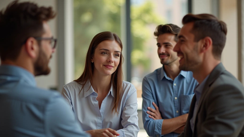 Grupo de colegas com expressões de confiança e respeito mútuo, demonstrando coesão e segurança psicológica na equipa