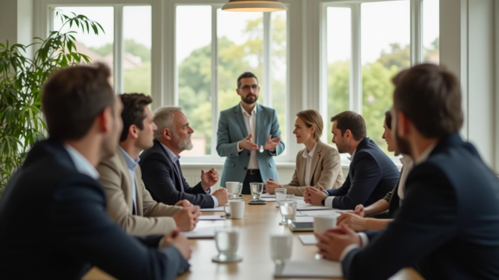 Líder e equipa em reunião colaborativa num ambiente de trabalho moderno com janelas naturais