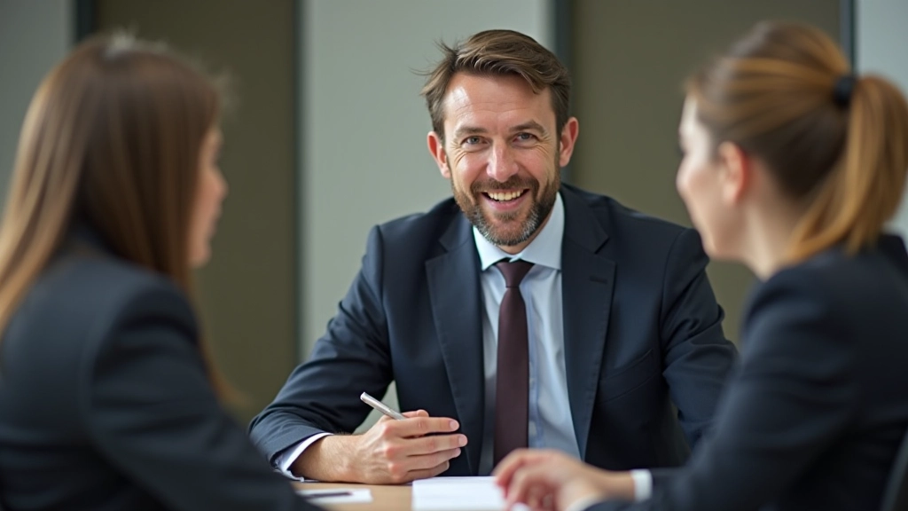 Líder em conversa profissional, linguagem corporal aberta e atenta, ambiente de escritório