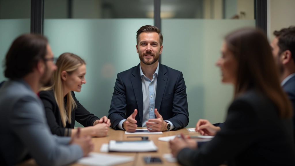 Líder em reunião de resolução de conflitos, ambiente profissional moderno