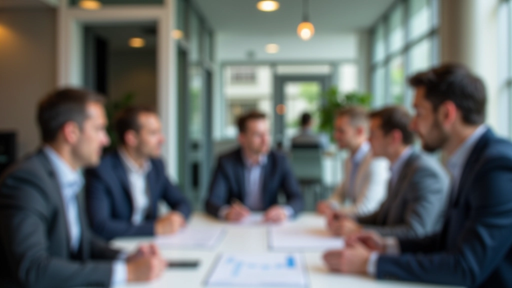 Líder executivo em reunião estratégica, analisando dados em ambiente profissional moderno com equipa ao fundo