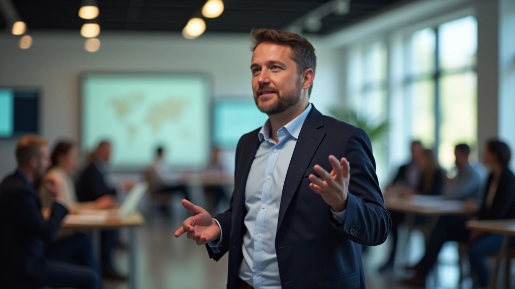 Líder inspirador apresentando visão à equipa com energia e convicção num espaço corporativo moderno