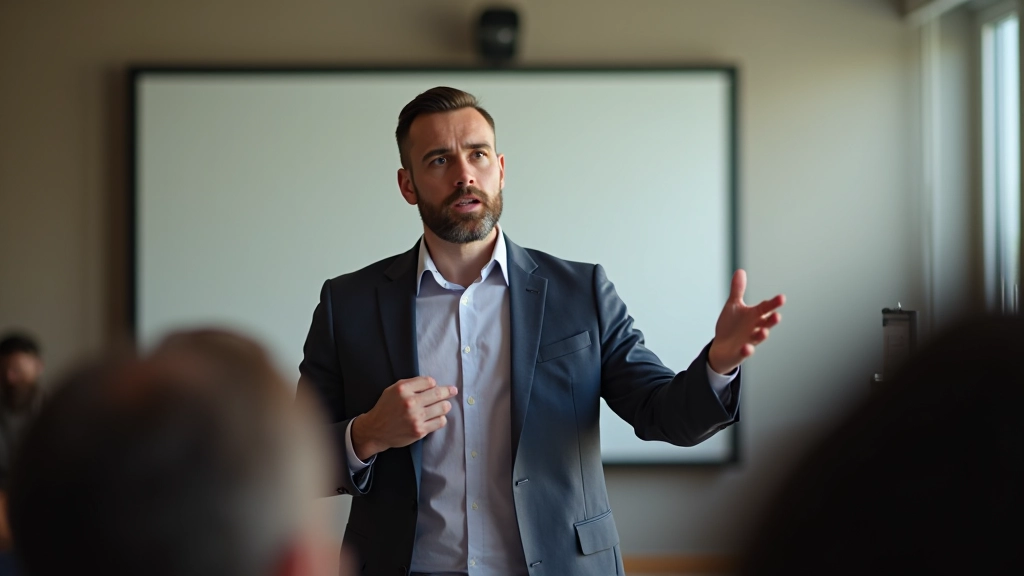 Líder inspirador apresentando visão à equipa, ambiente energético e motivador