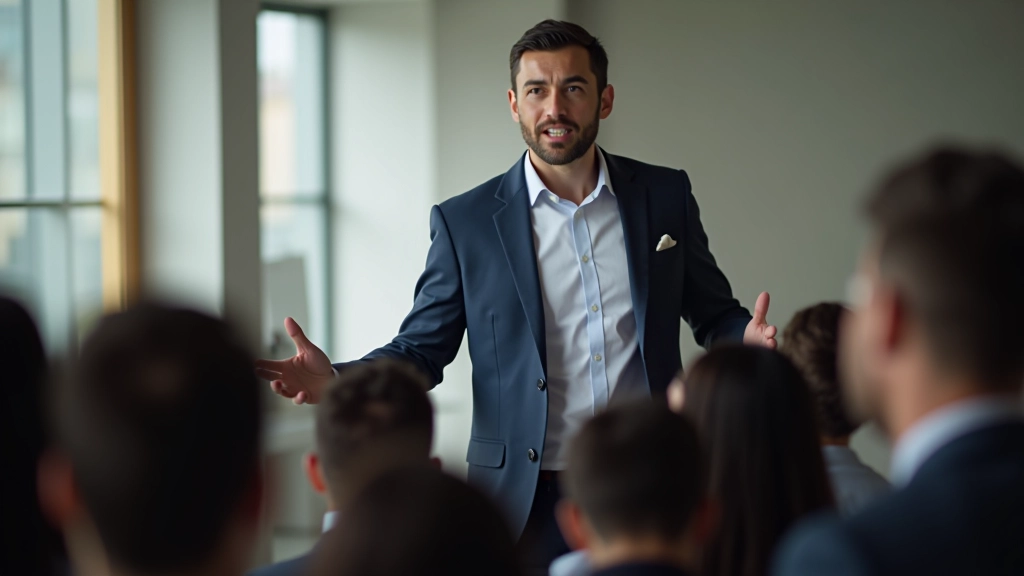 Líder inspirador em apresentação, comunicando visão com confiança