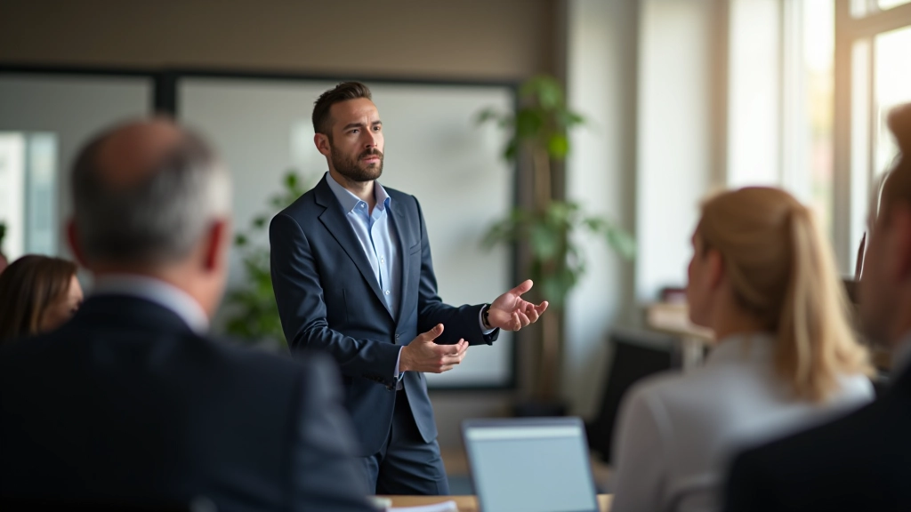 Líder inspirador orientando equipa em ambiente corporativo profissional