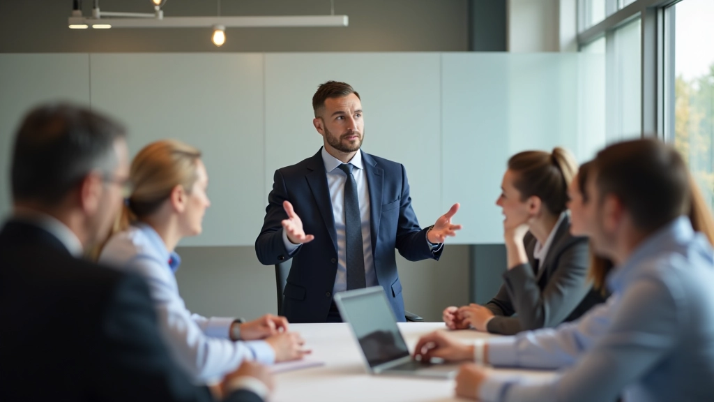 Líder profissional em reunião de equipa, apresentando estratégias e objetivos em ambiente corporativo moderno