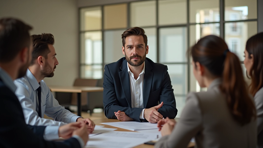 Líder facilitando discussão de grupo, ambiente profissional colaborativo com equipas engajadas em conversação estratégica