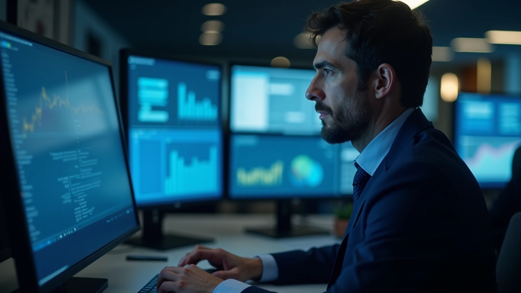 Líder em ambiente de trabalho dinâmico com múltiplas telas mostrando métricas e dados em tempo real