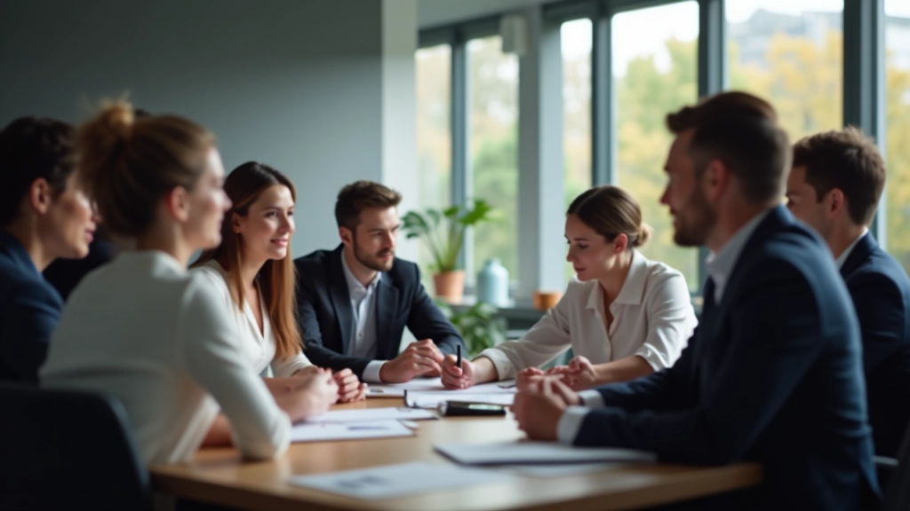Reunião de liderança com equipa em ambiente profissional