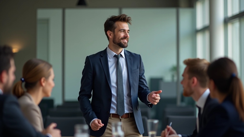 Líder profissional em reunião de equipa, apresentando estratégias de gestão