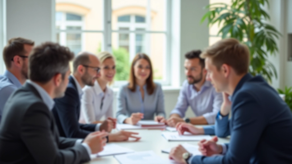 Ambiente de treinamento de liderança com profissionais em discussão colaborativa