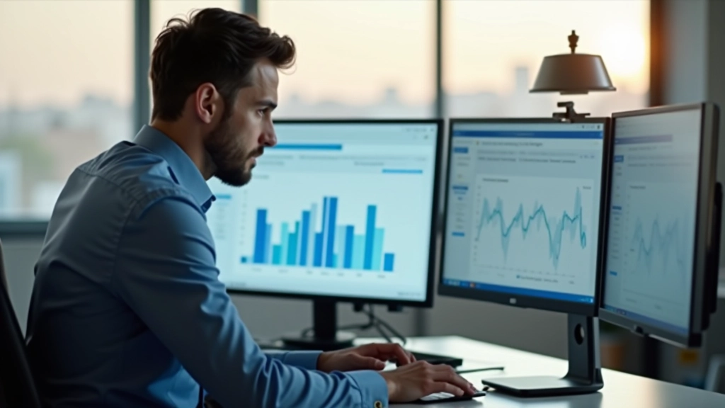 Pessoa analisando gráficos e métricas num computador, símbolos de análise objetiva em segundo plano