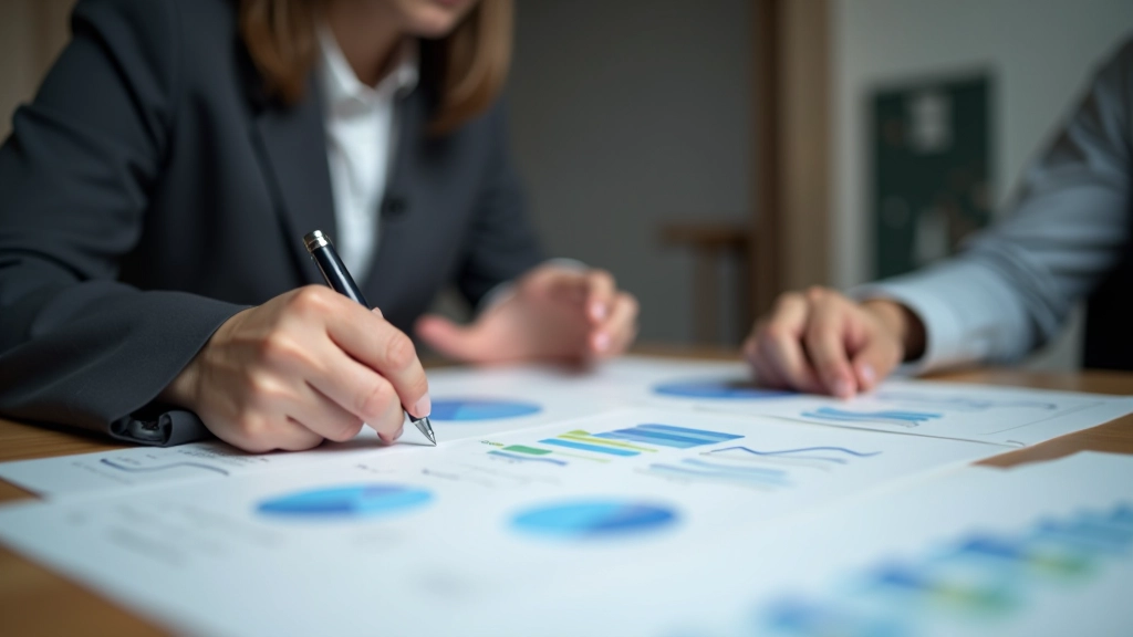 Profissional analisando dados e tomando decisão estratégica com gráficos e informações numa mesa de trabalho