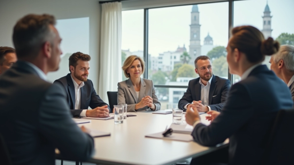 Equipa profissional em reunião de liderança, ambiente moderno de conferência com pessoas discutindo estratégia