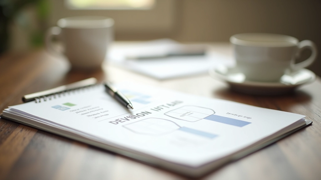 Caderno de anotações com diagrama de decisão, caneta e xícara de café em ambiente de trabalho minimalista